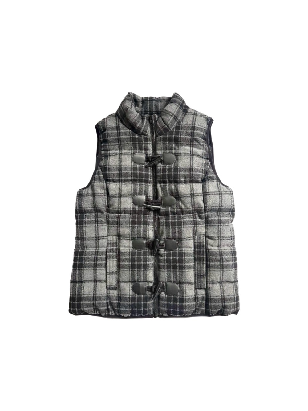 Ruff Hewn Wool Grey & Black Plaid Horn Toggle Puffer Vest